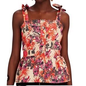 Chufy NWT Waru Tie Shoulder Organic Cotton Peplum Top Floral Size XS Smocked